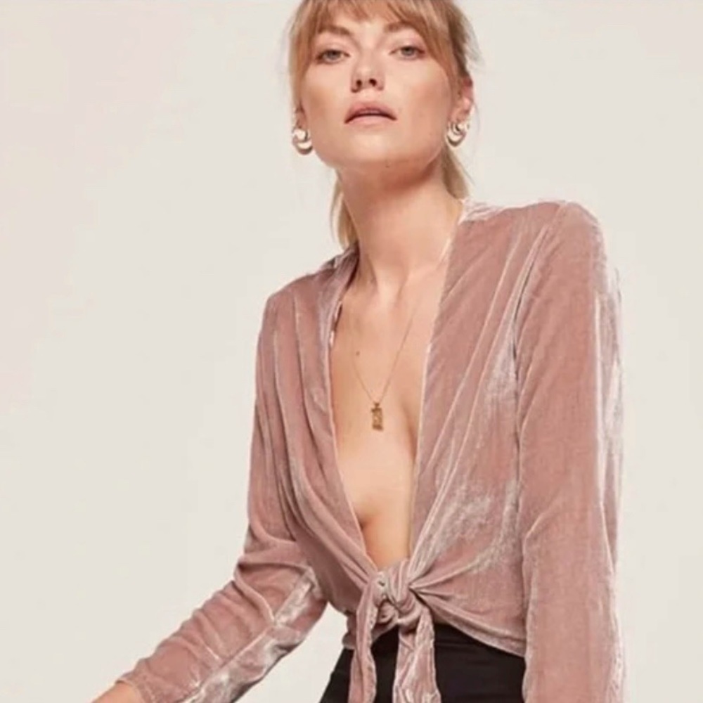 Reformation Fez Long Sleeve Tie Front Velvet Crop Top Serenade Dusty Rose XS